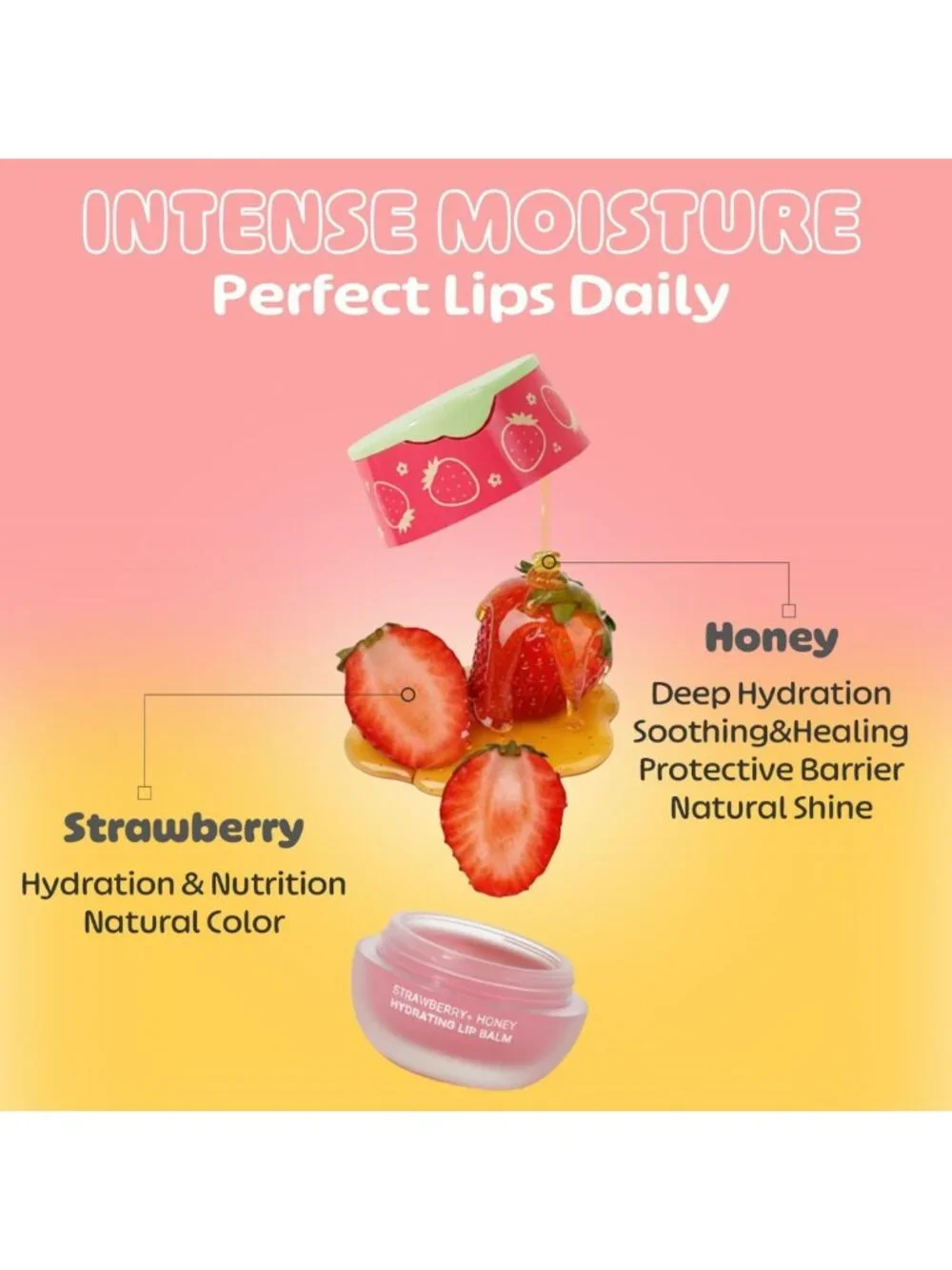 Strawberry Honey Lip Balm - Natural Ingredients, Semi-Glossy, Long-Lasting